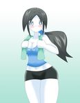  1girl blush breasts highres navel nintendo ponytail short_shorts shorts simple_background solo super_smash_bros. tank_top white_skin wii_fit wii_fit_trainer 