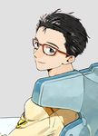  black_hair brown_eyes glasses hyuuga_makoto looking_at_viewer looking_back male_focus neon_genesis_evangelion red-framed_eyewear smile solo tmku uniform 