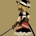  bad_id bad_pixiv_id blonde_hair blouse bow braid cowboy_shot dual_wielding from_behind gas_mask gloves gun handgun hat hat_bow holding holster hosomitimiti katana kirisame_marisa looking_at_viewer looking_back one_eye_covered scabbard sheath short_hair side_braid simple_background skirt sword tan_background touhou weapon white_bow witch_hat yellow_eyes 