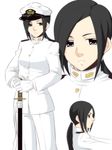  bangs black_hair female_admiral_(kantai_collection) gloves hair_over_one_eye hat kantai_collection long_hair military military_uniform neko_majin pants peaked_cap planted_sword planted_weapon ponytail sheath sheathed solo swept_bangs sword uniform weapon white_gloves 