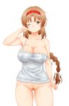  bottomless braid breasts brown_eyes brown_hair d-frag! hairband kesuida large_breasts long_hair one_eye_closed pubic_hair simple_background single_braid solo strap_slip takao_(d-frag!) white_background 
