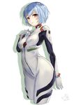  2014 arm_behind_back ayanami_rei bangs blue_hair blush bodysuit bracer breasts cowboy_shot dated expressionless from_side gloves hand_on_own_chest headgear looking_at_viewer md5_mismatch neon_genesis_evangelion number pilot_suit pisuke plugsuit red_eyes shadow short_hair signature simple_background small_breasts solo turtleneck white_background white_bodysuit 