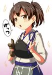  blue_skirt blush brown_eyes brown_gloves brown_hair commentary_request gloves gradient gradient_background hakama_skirt highres japanese_clothes kaga_(kantai_collection) kantai_collection looking_at_viewer muneate partly_fingerless_gloves pleated_skirt pointing pointing_at_viewer short_hair side_ponytail single_glove skirt solo umino_mokuzu_(shizumisou) upper_body yugake 