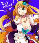  bad_id bad_pixiv_id blonde_hair bow breasts candy divine_gate doodle-doo food green_eyes large_breasts long_hair one_eye_closed open_mouth smile solo trick_or_treat 
