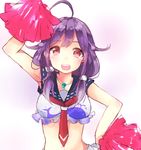  ahoge arm_up crop_top jewelry kantai_collection komachi_narota long_hair looking_at_viewer midriff neckerchief necklace open_mouth pendant pom_poms purple_eyes purple_hair smile solo taigei_(kantai_collection) 