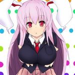  animal_ears blazer breast_hold breasts bunny_ears crescent_moon jacket large_breasts lavender_hair long_hair looking_at_viewer moon open_mouth presenting red_eyes reisen_udongein_inaba skirt solo sprout_(33510539) touhou 