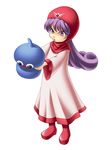  boots dragon_quest dragon_quest_ii dress full_body hood long_hair long_sleeves pink_dress princess princess_of_moonbrook purple_eyes purple_hair red_footwear red_hood simple_background slime_(dragon_quest) white_background wide_sleeves yaya_(tempering) 