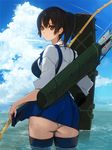  arrow ass black_hair black_legwear bow_(weapon) brown_eyes cloud day from_behind japanese_clothes kaga_(kantai_collection) kantai_collection long_hair looking_at_viewer looking_back muneate panties pupps side_ponytail skirt skirt_lift solo thighhighs underwear wading water weapon wet white_panties 