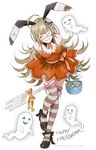  animal_ears arms_behind_back basket breasts bunny_ears closed_eyes eyepatch facing_viewer ghost halloween happy_halloween hishi_(k-xaby) long_hair medium_breasts original simple_background smile solo striped striped_legwear thighhighs very_long_hair watermark web_address white_background 