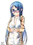  bad_id bad_pixiv_id blue_bra blue_eyes blue_hair blue_panties blush bow bow_bra bra breasts cardigan casual collared_shirt covered_navel dated dripping embarrassed glasses kantai_collection long_hair looking_at_viewer nekobaka no_pants panties samidare_(kantai_collection) see-through shirt simple_background sketch small_breasts solo standing twitter_username unbuttoning underwear upper_body very_long_hair wet wet_clothes wet_shirt white_background white_shirt 