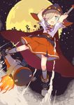  absurdres blue_eyes brown_hair cape dutch_angle flying from_below full_moon goggles goggles_on_headwear hair_over_one_eye halloween hat highres holding looking_at_viewer moon open_mouth original short_hair solo tekka_maki_(wafuu-bune) witch witch_hat 