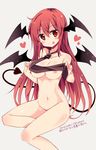  :p bat_wings blush breasts collarbone demon_tail head_wings heart koakuma large_breasts long_hair maturiuta_sorato naked_necktie navel necktie nipples red_eyes red_hair simple_background smile solo tail tongue tongue_out touhou wings 