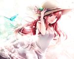  bow dress hand_on_headwear hat idolmaster idolmaster_million_live! ima_(lm_ew) looking_at_viewer open_mouth red_eyes red_hair ribbon smile solo tanaka_kotoha white_dress wristband 