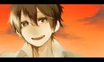  1boy bad_id bad_pixiv_id black_eyes black_hair hasuhasuhasu0127 kagerou_project kokonose_haruka letterboxed looking_at_viewer male_focus mole mole_under_eye open_mouth orange_sky portrait sky smile solo 