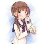  blue_eyes brown_hair dennou_usagi eating food holding looking_at_viewer low_twintails original school_uniform serafuku solo twintails wavy_mouth 