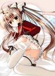  amagi_brilliant_park antenna_hair ass bed bow brown_eyes brown_hair hair_bow highres long_hair long_sleeves lying mameguri on_side panties ponytail sento_isuzu skirt striped striped_panties thighhighs underwear upskirt white_legwear 