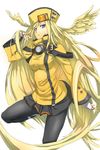  belt_buckle black_legwear blonde_hair blue_eyes buckle dress fingerless_gloves flower fur_trim ganagoa gloves guilty_gear guilty_gear_xrd hair_wings hat highres leg_up long_hair long_sleeves millia_rage multicolored multicolored_eyes pantyhose parted_lips purple_eyes rose solo taut_clothes taut_dress very_long_hair white_gloves yellow_dress 