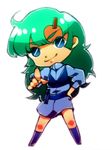  blue_eyes chibi elchi_cargo female green_hair hand_on_hip long_hair no_pupils pointing sentou_mecha_xabungle solo 