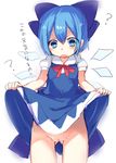  ? blue_eyes blue_hair bow cirno dress dress_lift hair_bow no_panties paragasu_(parags112) pussy short_hair simple_background solo touhou translation_request white_background wings 