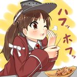  blowing blush brown_eyes brown_hair burp eating food hand_on_own_cheek hawe_king japanese_clothes kantai_collection kariginu magatama one_eye_closed ryuujou_(kantai_collection) solo takoyaki twintails visor_cap 