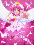  aino_megumi ballerina breasts brooch choker cure_lovely feathers frills full_body happinesscharge_precure! jewelry leg_garter long_hair magical_girl outstretched_hand pantyhose pink pink_background pink_eyes pink_hair pink_skirt precure skirt small_breasts smile solo super_happiness_lovely tiara tj-type1 twintails white_legwear white_wings wings 
