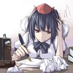  annoyed black_hair hat head_rest irritated kamukamu_(ars) looking_away pen red_eyes shameimaru_aya short_hair solo teeth tokin_hat touhou 