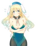  animal_ears atago_(kantai_collection) bad_id bad_pixiv_id bare_shoulders blonde_hair blue_eyes breasts bunny_ears bunny_tail bunnysuit collarbone crossed_arms flying_sweatdrops hat huge_breasts kantai_collection long_hair looking_at_viewer pantyhose sketch solo sweat tail ume_(plumblossom) 