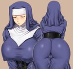  akatsuki_blitzkampf anonym ass breasts brown_background closed_eyes covered_nipples freckles from_behind habit huge_breasts inaho multiple_views nun simple_background turnaround upper_body 