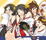  &gt;_&lt; :3 ahoge bare_shoulders black_hair black_skirt bottle brown_eyes brown_hair closed_eyes cup detached_sleeves glasses green-framed_eyewear grey_eyes hair_bun hairband haruna_(kantai_collection) hawe_king hiei_(kantai_collection) hug ink_bottle kantai_collection kirishima_(kantai_collection) kongou_(kantai_collection) long_hair multiple_girls nontraditional_miko one_eye_closed open_mouth pleated_skirt pov quill red_eyes red_skirt short_hair skirt sweat tea teacup tray wavy_mouth 