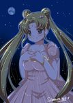 absurdres bead_bracelet beads bishoujo_senshi_sailor_moon blonde_hair blue_eyes blush bracelet breasts commentary_request crescent curvy double_bun dress facial_mark forehead_mark full_moon highres jewelry large_breasts long_hair moon night night_sky princess_serenity puffy_sleeves samanta_niz sky smile solo spanish_commentary strapless strapless_dress tsukino_usagi twintails white_dress 