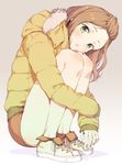  aida_takanobu brown_hair buruma coat full_body fur_trim green_eyes leg_hug long_hair long_sleeves looking_at_viewer open_mouth original parted_lips shoes simple_background sneakers solo squatting 