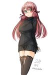  akashi_(kantai_collection) arms_behind_back bad_id bad_pixiv_id black_legwear blush bottomless breasts casual dated glasses green_eyes highres kantai_collection large_breasts legs_together looking_at_viewer nekobaka no_pants open_mouth pink_hair ribbed_sweater ribbon-trimmed_legwear ribbon_trim rimless_eyewear simple_background sketch solo standing sweater taut_clothes thighhighs turtleneck twitter_username white_background 