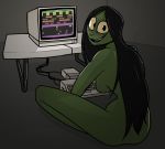  2018 amphibian anthro black_hair breasts computer digital_media_(artwork) female frog gaming green_skin hair inside invalid_color keadonger keyboard long_hair looking_at_viewer nude open_mouth scp-811 scp_foundation side_boob sitting smile solo table video_games yellow_eyes 