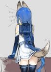  animal_ears blue_hair branch_(blackrabbits) dog_ears dog_tail from_behind kantai_collection kemonomimi_mode long_hair samidare_(kantai_collection) sketch solo tail thighhighs very_long_hair 