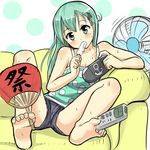  anchor_symbol bare_legs bare_shoulders barefoot blush camisole casual controller couch denim denim_shorts dorsiflexion electric_fan fan feet food foot_hold full_body green_eyes green_hair hair_ornament hairclip handheld_game_console hawe_king head_tilt hot kantai_collection knees_up long_hair paper_fan polka_dot polka_dot_background popsicle remote_control shorts sitting soles solo spread_legs suzuya_(kantai_collection) sweat toes uchiwa 