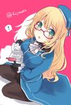  1girl atago_(kantai_collection) bespectacled black_gloves blonde_hair book bookmark breasts fuji_fujino glasses gloves green_eyes hat kantai_collection large_breasts long_hair long_sleeves looking_at_viewer military military_uniform open_mouth pantyhose speech_bubble twitter_username uniform 