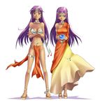  anklet armlet asymmetrical_clothes bangle bare_shoulders belly_chain bikini_top bracelet breasts choker collarbone crossed_arms crystal_ball dark_skin dragon_quest dragon_quest_iv dress earrings fan folding_fan frown full_body jewelry loincloth long_hair looking_at_viewer manya medium_breasts minea multiple_girls navel pelvic_curtain purple_eyes purple_hair sandals shadow siblings simple_background single_sleeve sisters tiara twins white_background yaya_(tempering) 