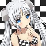  bikini blue_eyes blush breasts checkered checkered_background checkered_bikini eyebrows_visible_through_hair finger_to_mouth highres ki_(kk-sk-ray) long_hair looking_at_viewer medium_breasts miss_monochrome miss_monochrome_(character) solo swimsuit twintails 