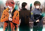  2boys black_hair brown_hair dominator_(gun) gun hair_over_one_eye highres hinakawa_shou kuso_bba long_hair multiple_boys psycho-pass red_hair shimotsuki_mika short_hair tougane_sakuya weapon 