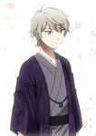  aldnoah.zero green_eyes haori japanese_clothes jewelry kimono male_focus necklace petals shikasuga_(homojina) silver_hair slaine_troyard solo 