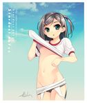  aqua_eyes artist_name blush breasts cloud gradient gradient_background grey_hair groin hentai_ouji_to_warawanai_neko. highres looking_at_viewer navel nipples open_mouth shirt_lift side_ponytail signature small_breasts solo stardust_abyss stomach swimsuit_pull tsutsukakushi_tsukiko undressing watermark web_address 