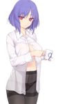  black_legwear breasts cowboy_shot crotch_seam cup dress_shirt holding holding_cup large_breasts looking_at_viewer mug nagae_iku no_pants open_clothes open_shirt panties panties_under_pantyhose pantyhose parted_lips purple_hair red_eyes rokuwata_tomoe shirt short_hair simple_background solo standing teacup thighband_pantyhose touhou underwear white_background 