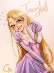  blonde_hair blush cn_(chest_nut) dress green_eyes grin hand_in_hair heart juliet_sleeves lips lipstick long_hair long_sleeves makeup puffy_sleeves rapunzel_(disney) smile solo tangled very_long_hair 