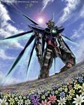  armor blue_sky cloud day field flower flower_field gundam gundam_00 highres hurt_(anidraw) lens_flare machinery mecha no_humans outdoors sky standing sunlight 