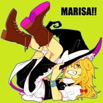  bad_id bad_pixiv_id blonde_hair boots bow braid character_name cross-laced_footwear full_body green_background grin hair_bow hat hat_bow hat_tip hosomitimiti kirisame_marisa leg_hold legs_up long_hair looking_at_viewer lying on_back one_eye_covered outline sash side_braid simple_background skirt smile solo star touhou turtleneck vest white_bow witch_hat wristband yellow_eyes 