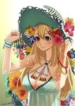  alternate_costume arms_up atago_(kantai_collection) bare_shoulders blonde_hair blue_dress breasts cleavage collarbone dress flower flower_request hair_flower hair_ornament hat hibiscus huge_breasts ipomoea kantai_collection long_hair looking_away luicent solo straw_hat white_background wrist_cuffs 