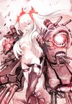  breasts cannon cowboy_shot crotch_plate glowing glowing_eyes grin hair_censor hair_over_breasts hair_over_one_eye kantai_collection long_hair looking_at_viewer medium_breasts navel pale_skin red_eyes shinkaisei-kan smile solo southern_ocean_war_hime standing thigh_strap topless turret twintails very_long_hair white_hair yukihiko_(tyabobo) 