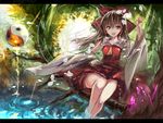  ascot bow brown_hair detached_sleeves dress forest hair_bow hair_tubes hakurei_reimu highres in_tree letterboxed long_sleeves nature nontraditional_miko open_mouth petals red_dress red_eyes rinaka_moruchi sitting sitting_in_tree smile soaking_feet solo touhou tree wide_sleeves yin_yang 