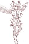  ankle_boots bird_wings boots checkered checkered_skirt collared_shirt cross-laced_legwear hair_ribbon hand_on_hip hat highres himekaidou_hatate looking_at_viewer miniskirt monochrome naughty_face pointy_ears puffy_short_sleeves puffy_sleeves ribbon shirt short_sleeves sketch skirt smile smirk solo tanakara thighhighs touhou twintails wings zettai_ryouiki 