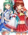  ascot bad_id bad_pixiv_id banned_artist bare_shoulders bow brown_eyes brown_hair detached_sleeves frog_hair_ornament gohei green_hair hair_bow hair_ornament hair_tubes hakurei_reimu highres kochiya_sanae long_hair long_sleeves looking_at_viewer midriff multiple_girls navel nontraditional_miko shirt skirt skirt_set snake_hair_ornament spell_card thighhighs touhou tsukiriran very_long_hair white_legwear wide_sleeves yellow_eyes zettai_ryouiki 